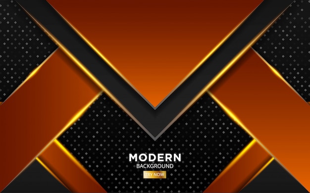 Diseño de banner de fondo de vector premium negro y naranja moderno con línea dorada en textura de puntos.