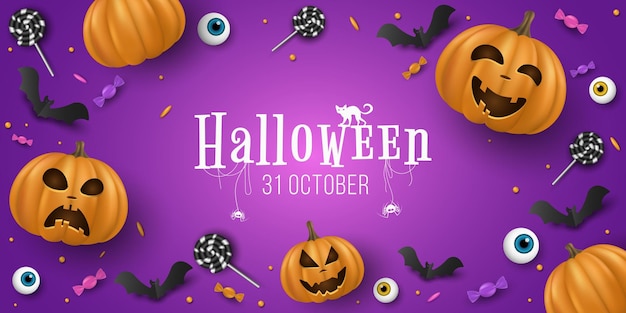 Diseño de banner de halloween calabazas de dibujos animados en 3d emocionales con ojos piruletas murciélagos sobre fondo púrpura truco o trato cubierta de vacaciones invitación tarjeta de felicitación vector