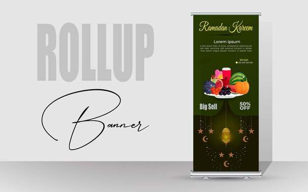 Vector diseño de banner happy ramadan sell offer roll up o diseño de banner de comida especial para el ramadán