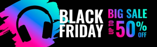 Vector diseño de banner horizontal para la promoción del black friday con el símbolo de los auriculares musicales