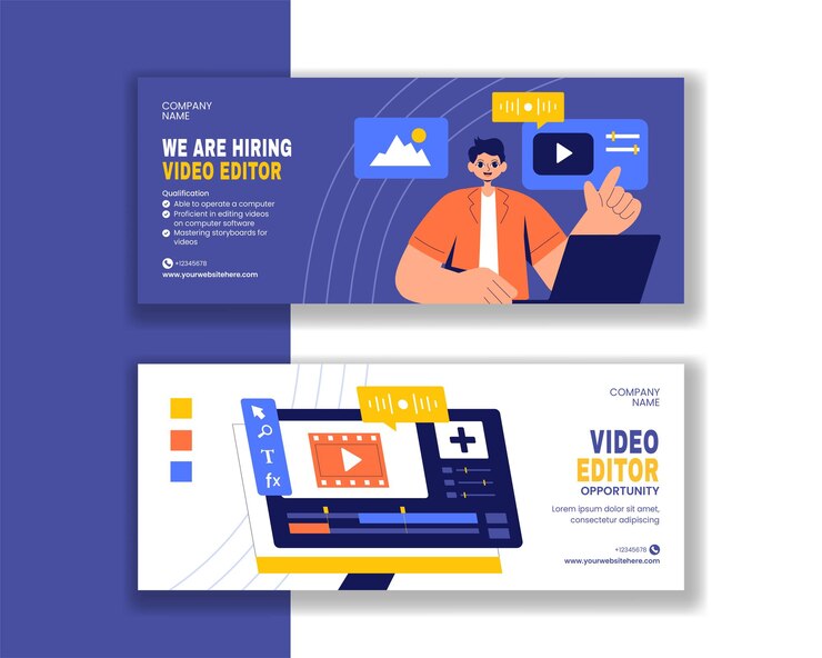 Vector diseño de banner horizontal con software de edición de video en estilo de dibujos animados planos con plantillas dibujadas a mano