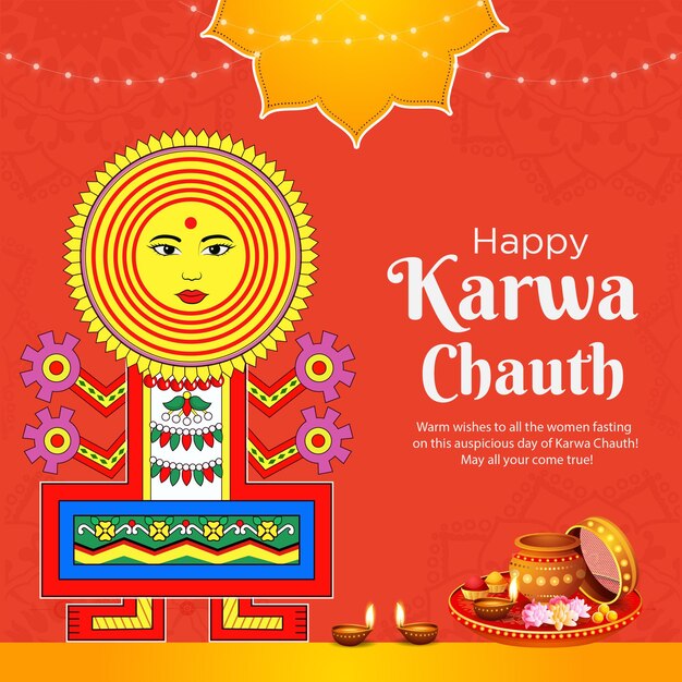 Diseño de banner de ilustración de estilo de dibujos animados de happy karwa chauth