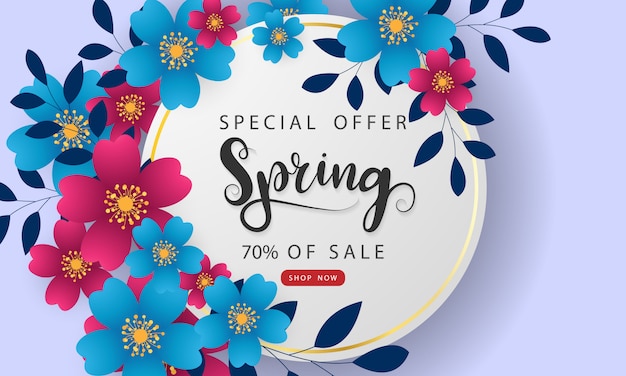 Diseño de banner marco flor fondo de venta de primavera con hermosa.