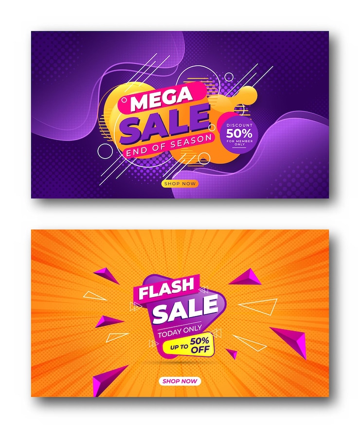 Diseño de banner de mega venta y venta flash con detalles de oferta