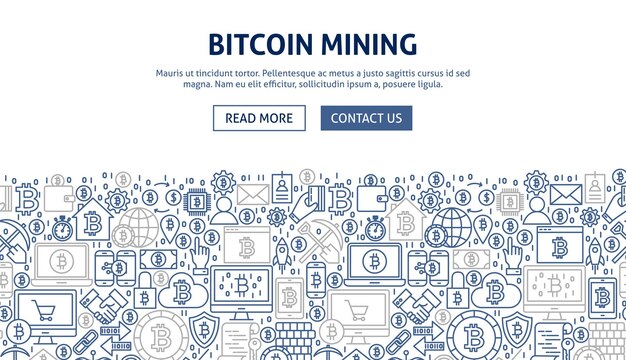 Diseño de banner de minería Bitcoin. Ilustración vectorial del concepto web de línea.