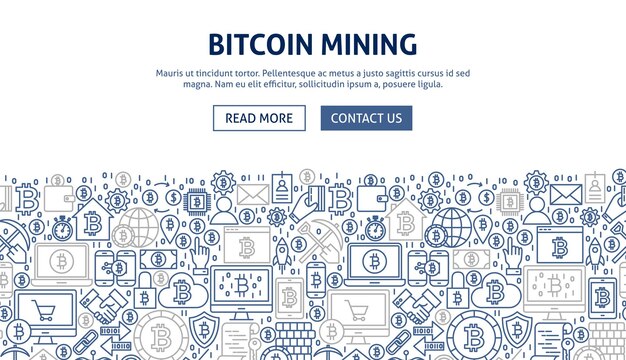 Diseño de banner de minería bitcoin. ilustración vectorial del concepto web de línea.