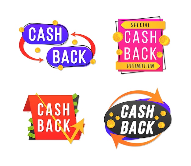 Diseño de banner moderno con un conjunto de etiquetas de reembolso. Insignias de reembolso de dinero, trato de devolución de efectivo y devolución de monedas de compras y etiquetas de pago para promoción, venta, descuentos.