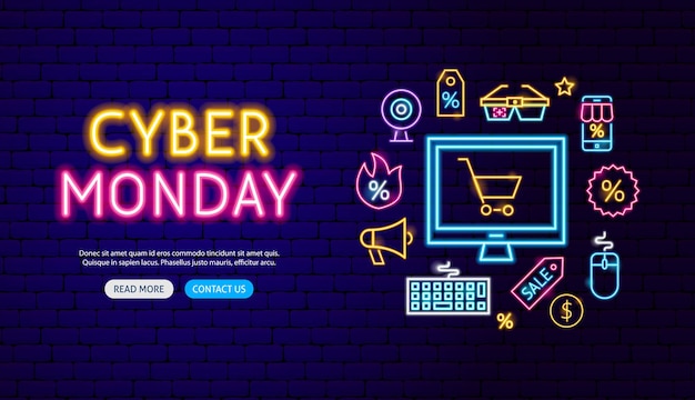 Diseño de banner de neón Cyber Monday. Ilustración de vector de promoción de venta de compras.