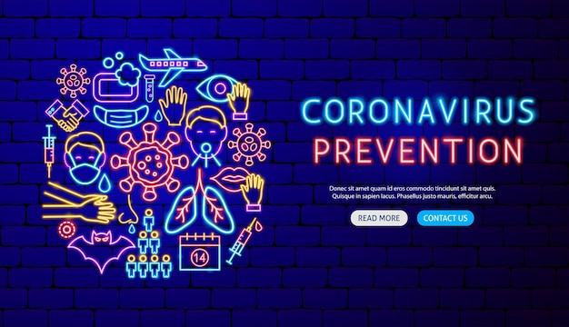 Diseño de banner de neón de prevención de coronavirus. Ilustración de vector de promoción médica.