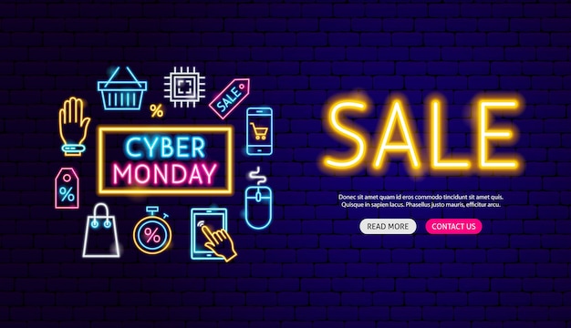 Diseño de banner de neón de venta cyber monday. ilustración de vector de promoción comercial.