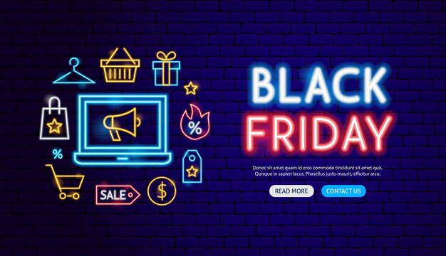 Diseño de banner de neón de viernes negro. Ilustración de vector de promoción de venta de compras.