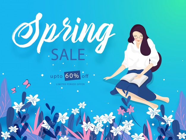 Diseño de banner o cartel de spring sale con 60% de descuento y oferta.