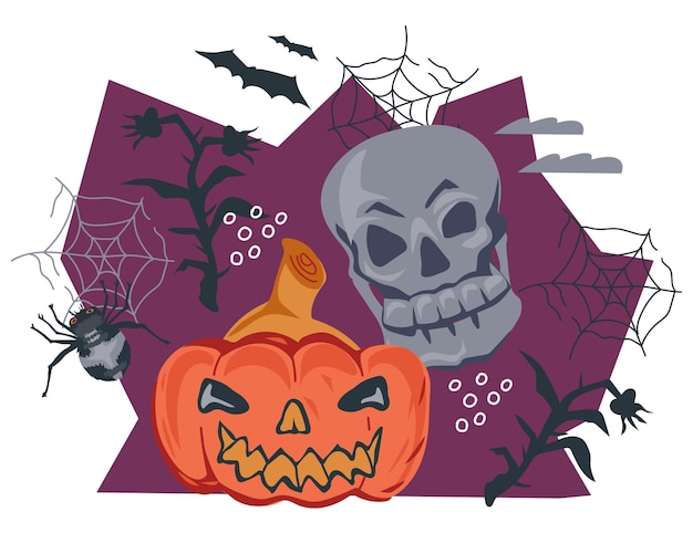 Diseño de banner o emblema de Halloween con vector plano de calabaza y cráneo aislado