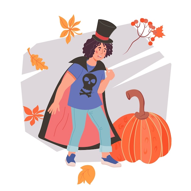 Diseño de banner o tarjeta de halloween con niño en traje de drácula vector aislado