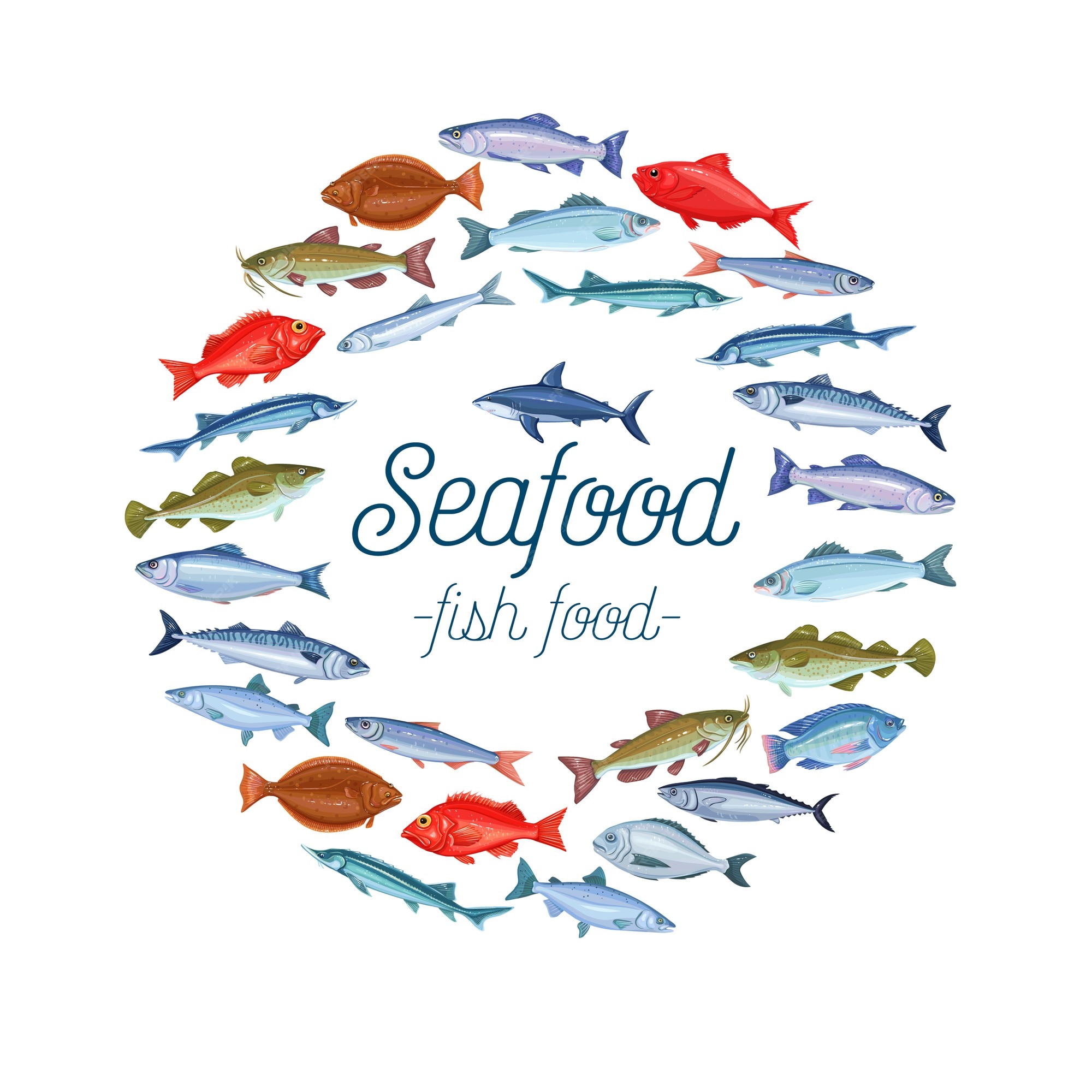 Diseño de banner de pescado con besugo, caballa, atún o esterlina, bagre, bacalao y fletán. icono de dibujos animados de tilapia, perca, sardina, anchoa, tiburón, lubina y dorado. | Vector Premium Diseño de banner de pescado con besugo, caballa, atún o esterlina, bagre, bacalao y fletán. icono de dibujos animados de tilapia, perca, sardina, anchoa, tiburón, lubina y dorado. | Vector Premium
