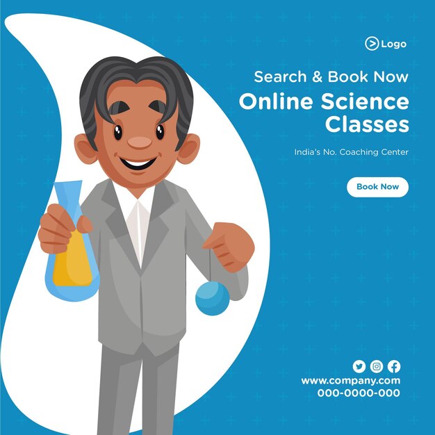 Diseño de banner de plantilla de estilo de dibujos animados de centro de coaching de clases de ciencias en línea