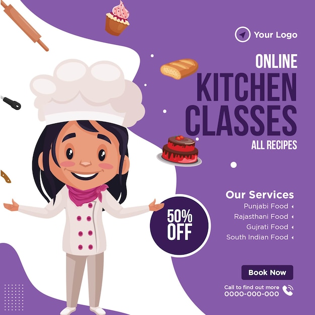Vector diseño de banner de plantilla de estilo de dibujos animados de clases de cocina en línea
