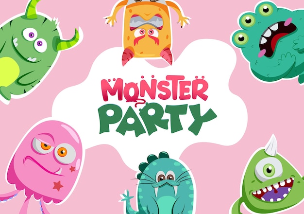 Diseño de banner de plantilla de vector de fiesta de monstruos Texto de fiesta de monstruos con personajes aterradores como calamares