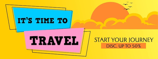 diseño de banner de promoción de agencia de viajes. fondo amarillo con ilustración de nubes