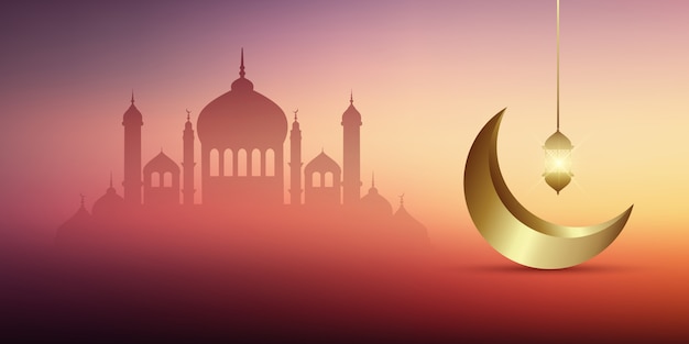 Diseño de banner de ramadán kareem con mezquitas y media luna dorada