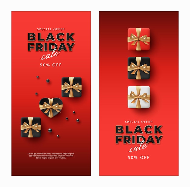 Diseño del banner de rebajas de Black Friday. Regalos realistas rojos, blancos y negros sobre fondo rojo.