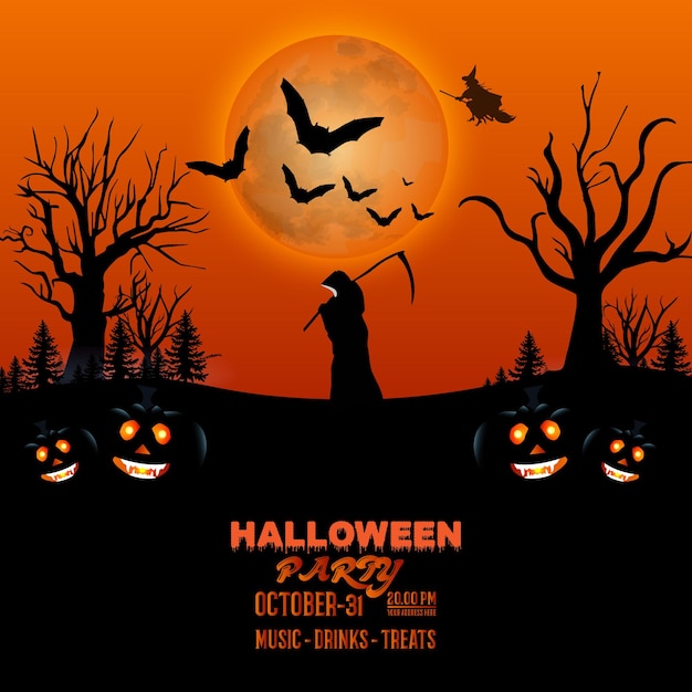 Diseño de banner de redes sociales de celebración de la noche de Halloween con banner de fiesta de la noche de Halloween