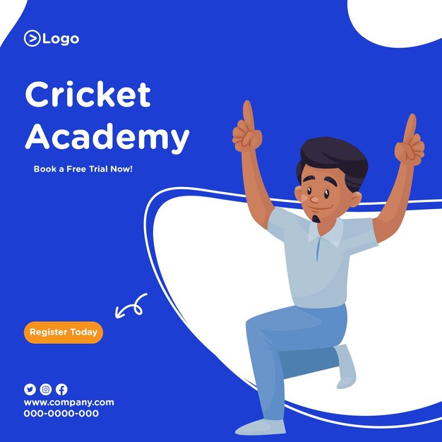 Diseño de banner para reservar una prueba gratuita ahora en cricket academy