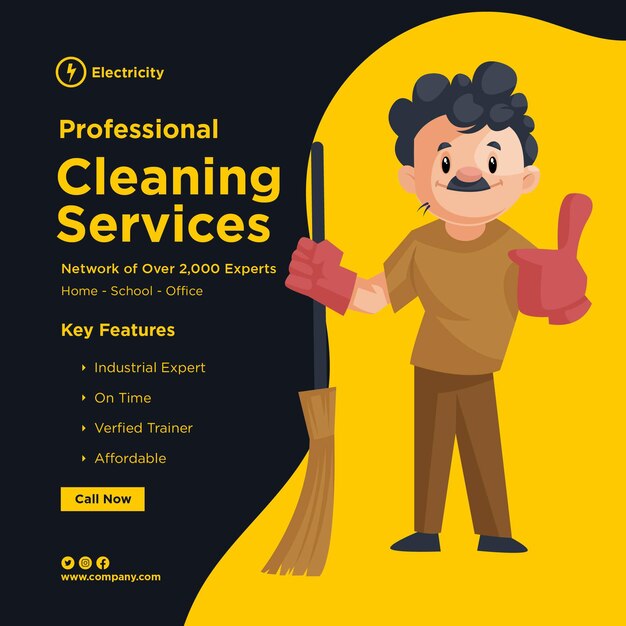 Vector el diseño de banner de servicios de limpieza profesional con hombre de limpieza lleva guantes y sostiene la escoba