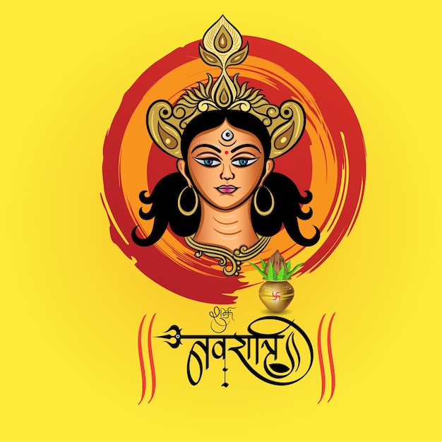 diseño de banner shubh Navratri con caligrafía hindi e ilustración de la cara de la diosa durga