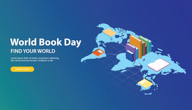 Vector diseño de banner de sitio web del día mundial del libro con mapas del mundo