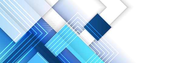 Diseño de banner de tecnología abstracta de cuadrados brillantes azules y grises coloridos. Fondo de vector geométrico. Banner plantilla de diseño web patrón geométrico dinámico rayas diagonales elementos de línea sobre fondo azul