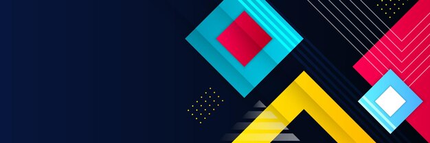 Diseño de banner de tecnología abstracta de cuadrados brillantes rojos y amarillos azules coloridos. Fondo de vector geométrico. Banner plantilla de diseño web patrón dinámico rayas diagonales elementos de línea sobre fondo azul