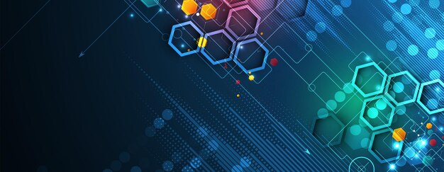 Diseño de banner de tecnología con fondo abstracto de hexágonos