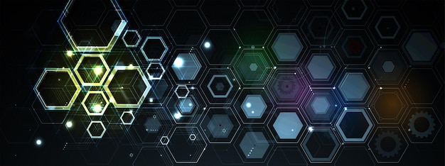 Diseño de banner de tecnología con fondo abstracto de hexágonos