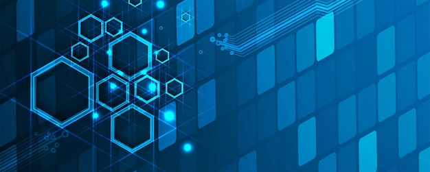 Diseño de banner tecnológico con fondo abstracto de hexágonos