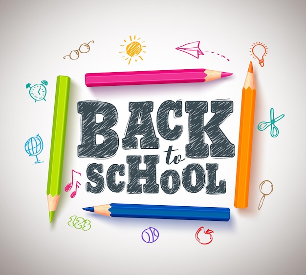 Diseño de banner de tipografía vectorial de regreso a la escuela con crayones de colores y bolígrafos para colorear