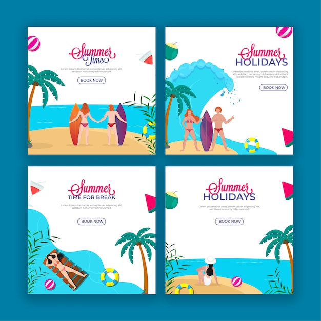 Diseño de banner de vacaciones de verano con vista a la playa en cuatro opciones.
