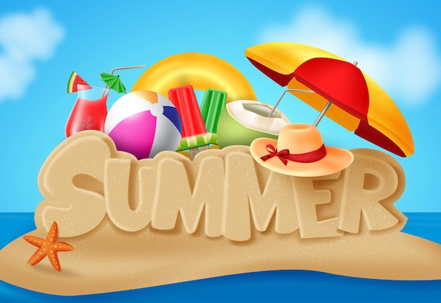 Diseño de banner de vector de playa de verano Texto de verano en tipografía de isla de arena de playa