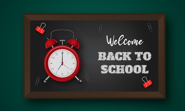 Diseño de banner de vector de regreso a la escuela con artículos escolares reloj despertador y bienvenido a la escuela greeti