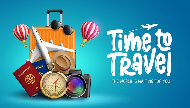 Diseño de banner de vector de tiempo de viaje. tiempo para viajar texto con elementos de viaje.