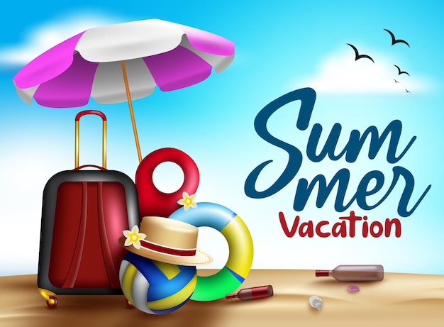 Diseño de banner de vector de vacaciones de verano texto de vacaciones de verano en fondo de cielo azul