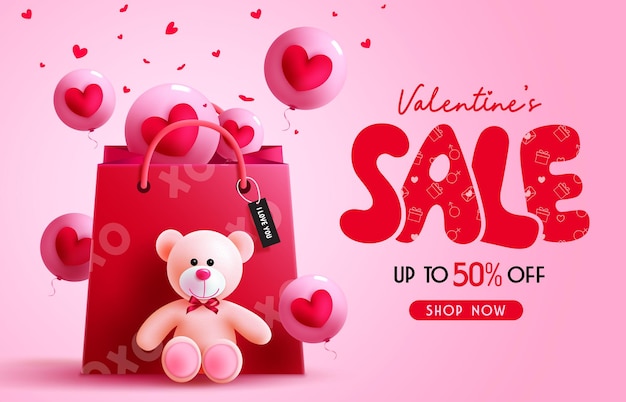 Diseño de banner de vector de venta de día de san valentín. texto de oferta promocional de san valentín con elementos sorpresa de regalo