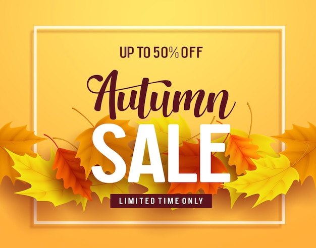 Diseño de banner de vector de venta de otoño con tipografía de otoño de texto de venta y descuento y temporada de otoño