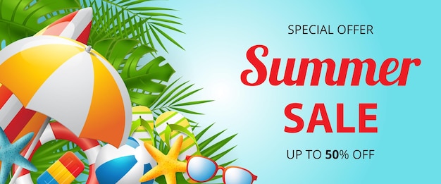 Diseño de banner de vector de venta de verano con coloridos elementos de playa 3d