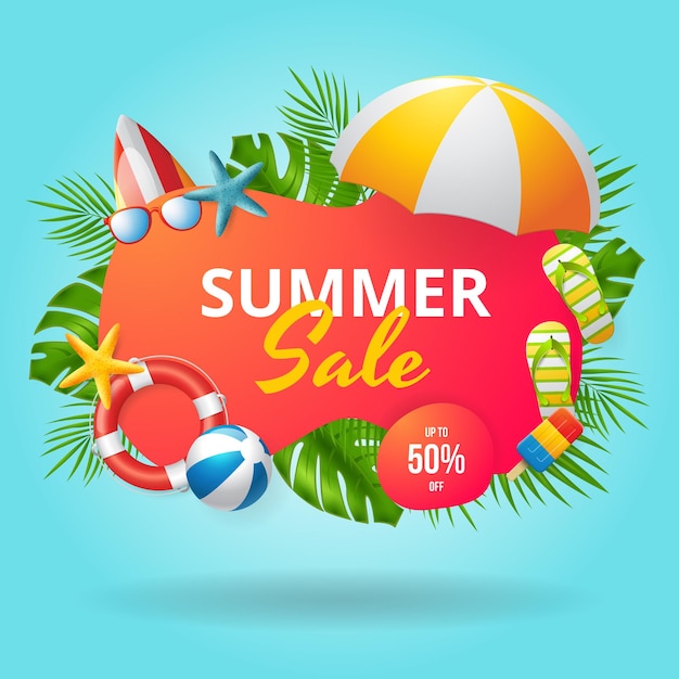 Diseño de banner de vector de venta de verano con coloridos elementos de playa 3d