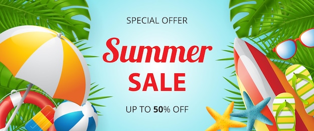 Diseño de banner de vector de venta de verano con coloridos elementos de playa 3D