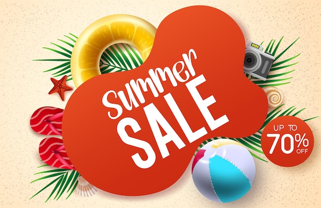 Diseño de banner de vector de venta de verano Texto de venta de verano con hasta 70 elementos de playa como pelota de playa