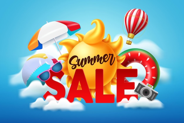 Diseño de banner de vector de venta de verano Texto de venta de verano con elemento de playa como sol pelota de playa