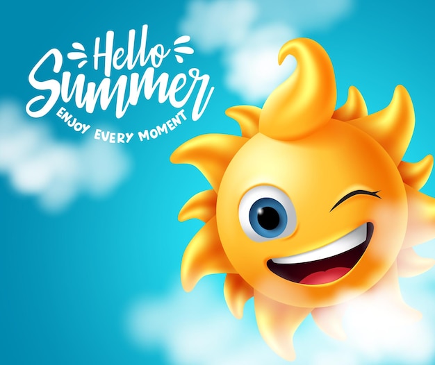 Diseño de banner de vector de verano Hola verano disfruta de cada momento texto con carácter de sol