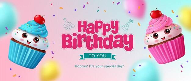 Diseño de banner vectorial de cumpleaños feliz Texto de felicitación de cumpleañas con caracteres de pastel de fresa